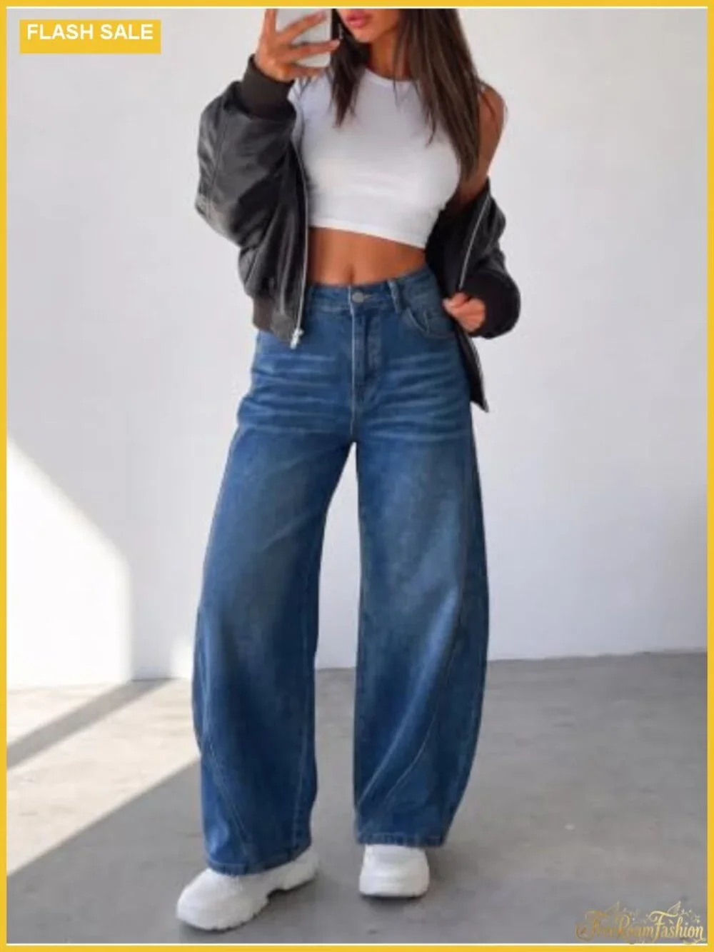 Womens Wide Leg Baggy Cropped Jeans High Waist Stretch Denim Pants